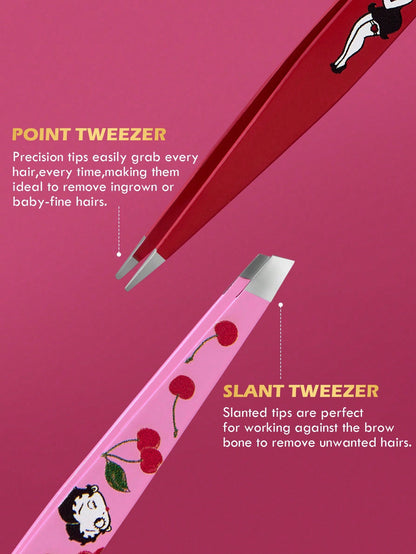 Betty Boop x 2 Pcs Multi-Functional High Precision Stainless Steel Eyebrow Tweezer Set, Cute And Practical Makeup Beauty Tools Set Essential For Home Use, Slanted Mouth, Pointed Nose Clip, Inclu