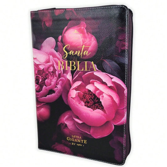 Biblia Con Cierre Para Mujer Letra Gigante Manual 14 Puntos RV1960, Imit Piel Duotono Rosa Fucsia Con Indice Y Canto Floral