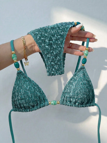Bikinx Women's Elegant Textured Beaded Halter Bikini Set, Side Tie Bottoms, Backless Tie Swimwear, Suitable For Beach Vacation Summer, Resort Wear