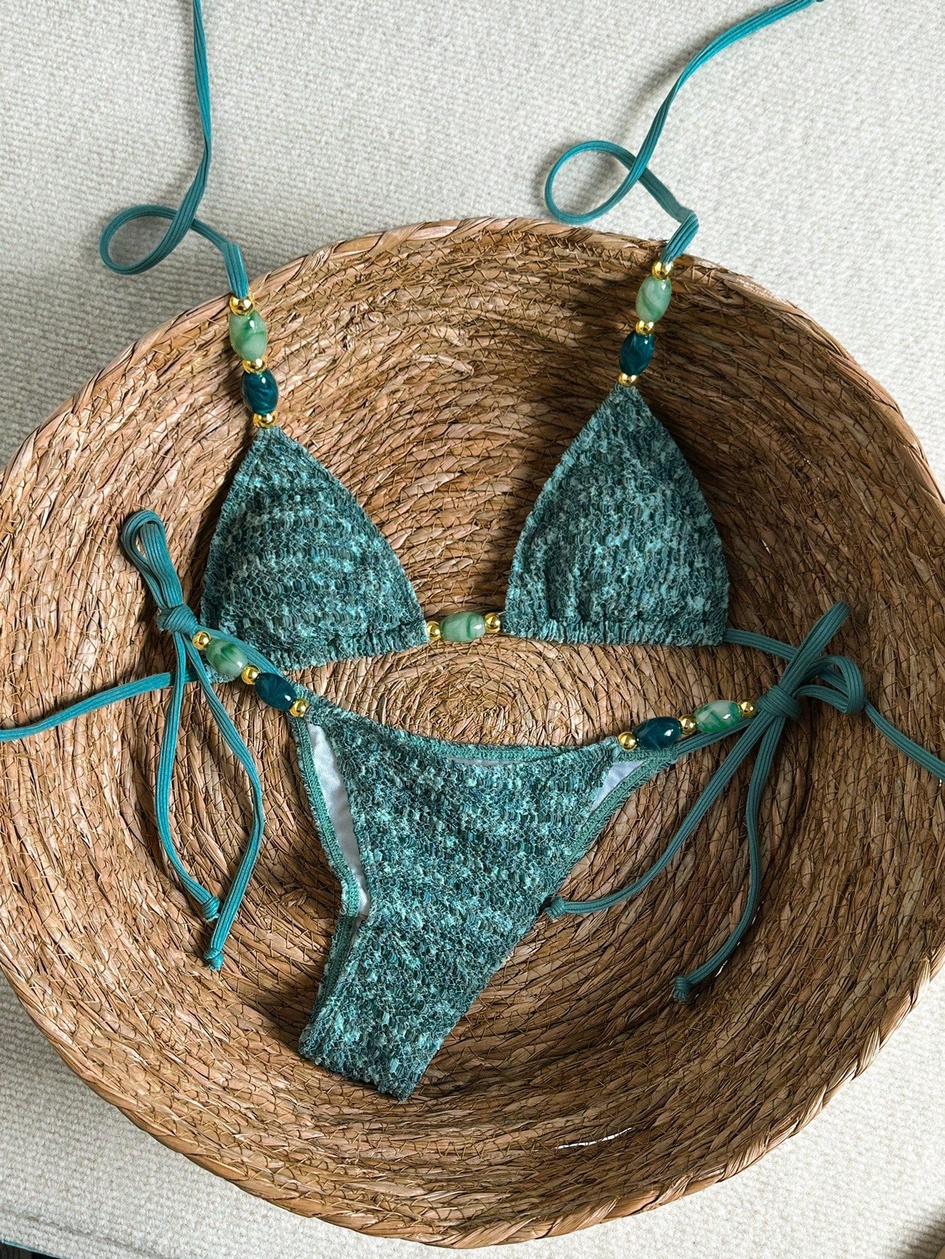 Bikinx Women's Elegant Textured Beaded Halter Bikini Set, Side Tie Bottoms, Backless Tie Swimwear, Suitable For Beach Vacation Summer, Resort Wear