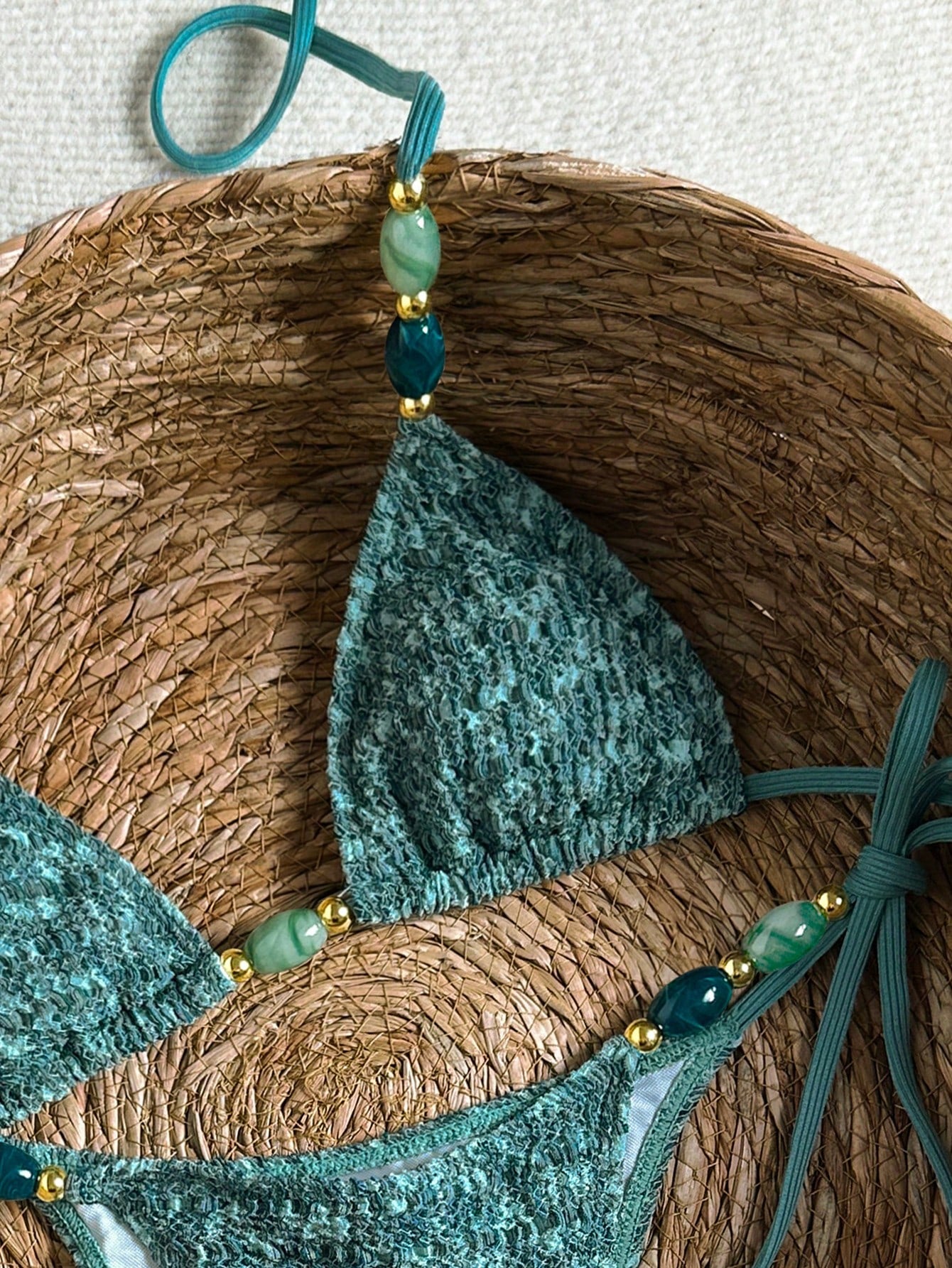 Bikinx Women's Elegant Textured Beaded Halter Bikini Set, Side Tie Bottoms, Backless Tie Swimwear, Suitable For Beach Vacation Summer, Resort Wear