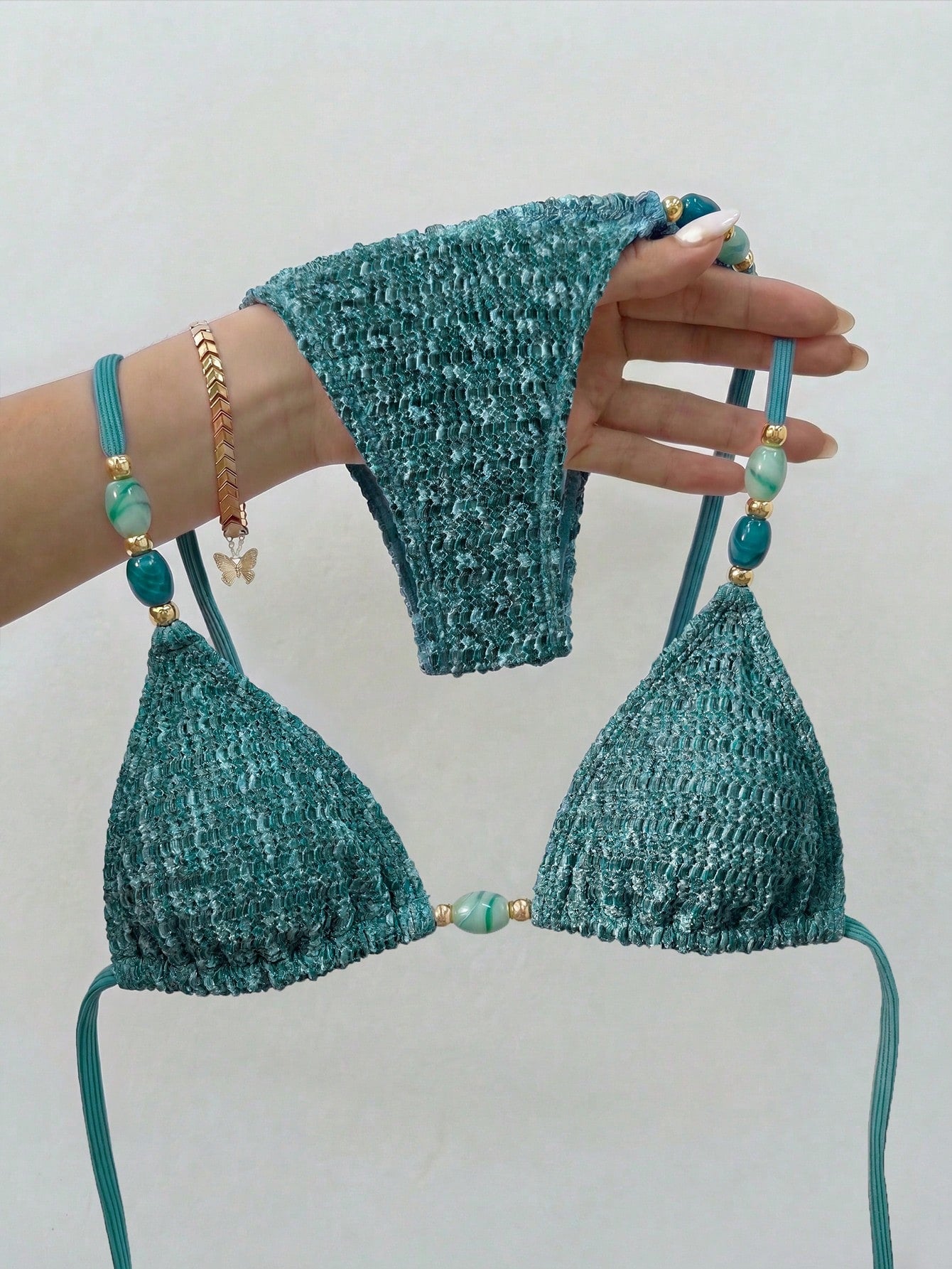 Bikinx Women's Elegant Textured Beaded Halter Bikini Set, Side Tie Bottoms, Backless Tie Swimwear, Suitable For Beach Vacation Summer, Resort Wear