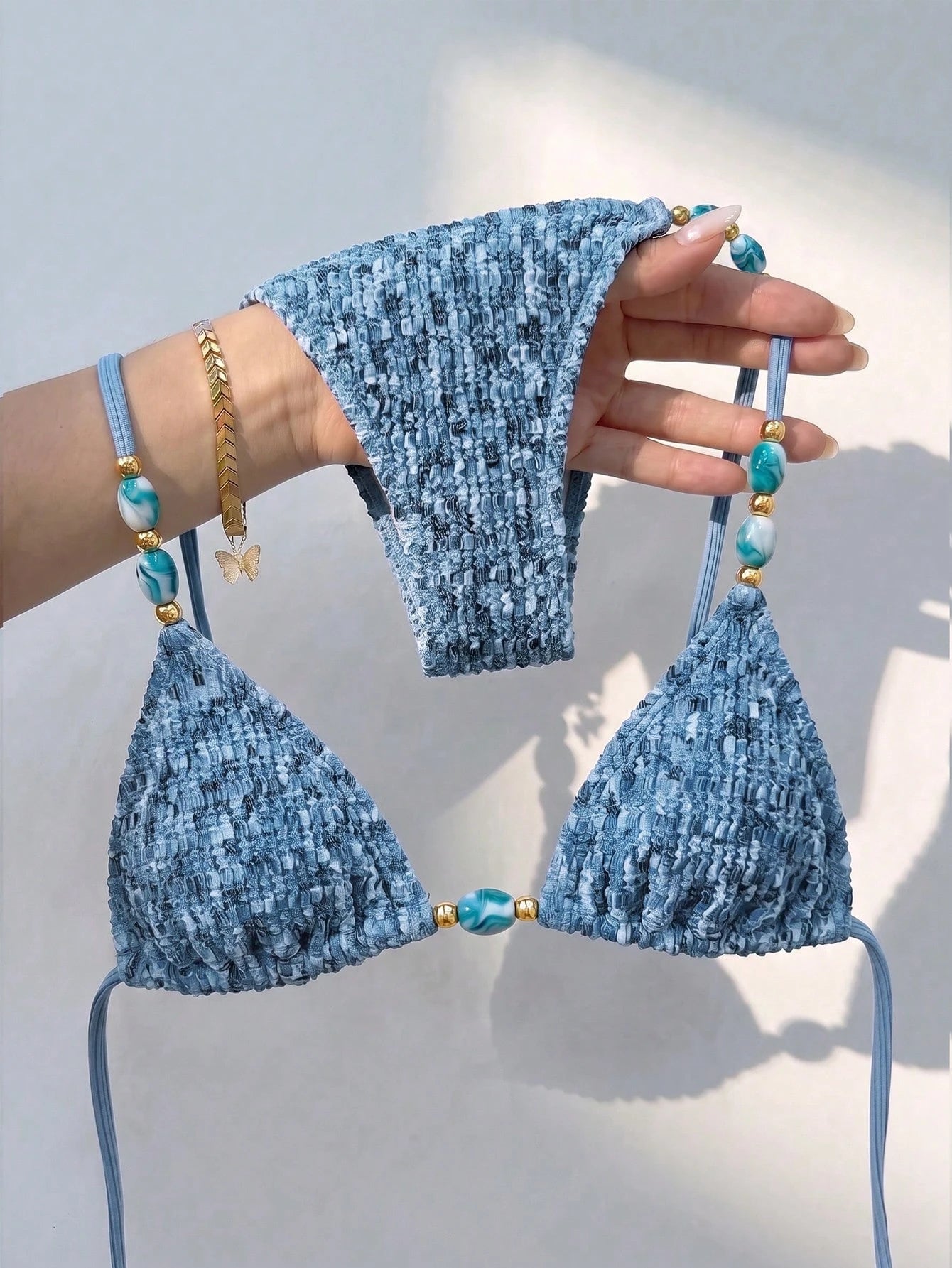 Bikinx Women's Elegant Textured Beaded Halter Bikini Set, Side Tie Bottoms, Backless Tie Swimwear, Suitable For Beach Vacation Summer, Resort Wear