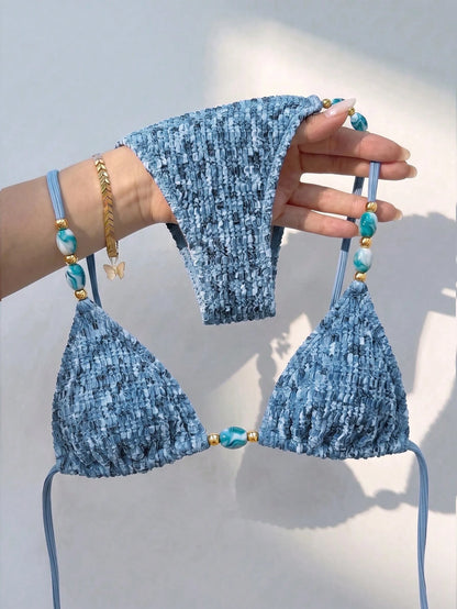 Bikinx Women's Elegant Textured Beaded Halter Bikini Set, Side Tie Bottoms, Backless Tie Swimwear, Suitable For Beach Vacation Summer, Resort Wear
