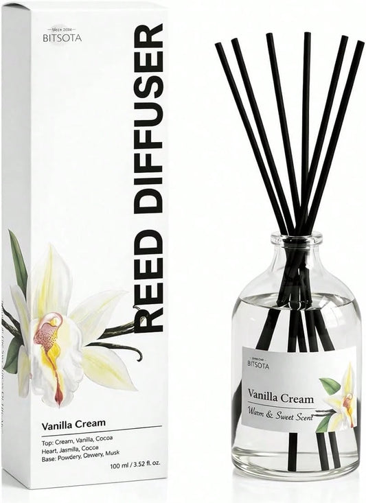 BITSOTA Reed Diffuser Set For Bathroom &Amp; Home, Long Lasting Essential Oil Aroma, Glass Bottle Home Fragrance With Sticks, Ideal Gift For Woman, 3.52oz (100ml) (Vanilla Cream)