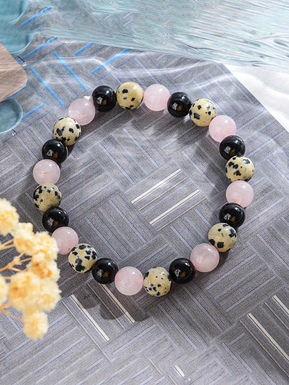 Black Agate & Dalmatian Jasper Beaded Protection Bracelet- Releaaing Past Hurt, Yoga Meditation Jewelry For Women Men-Balances,Self-Confidence