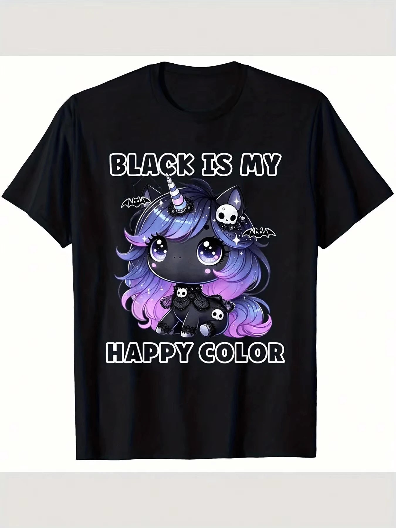 Black Is My Happy Color Gothic Unicorn Skull Bat Print Graphic Women's T-Shirt Casual Streetwear Halloween Party Festival Gift