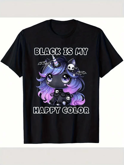 Black Is My Happy Color Gothic Unicorn Skull Bat Print Graphic Women's T-Shirt Casual Streetwear Halloween Party Festival Gift