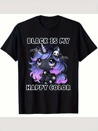 Black Is My Happy Color Gothic Unicorn Skull Bat Print Graphic Women's T-Shirt Casual Streetwear Halloween Party Festival Gift