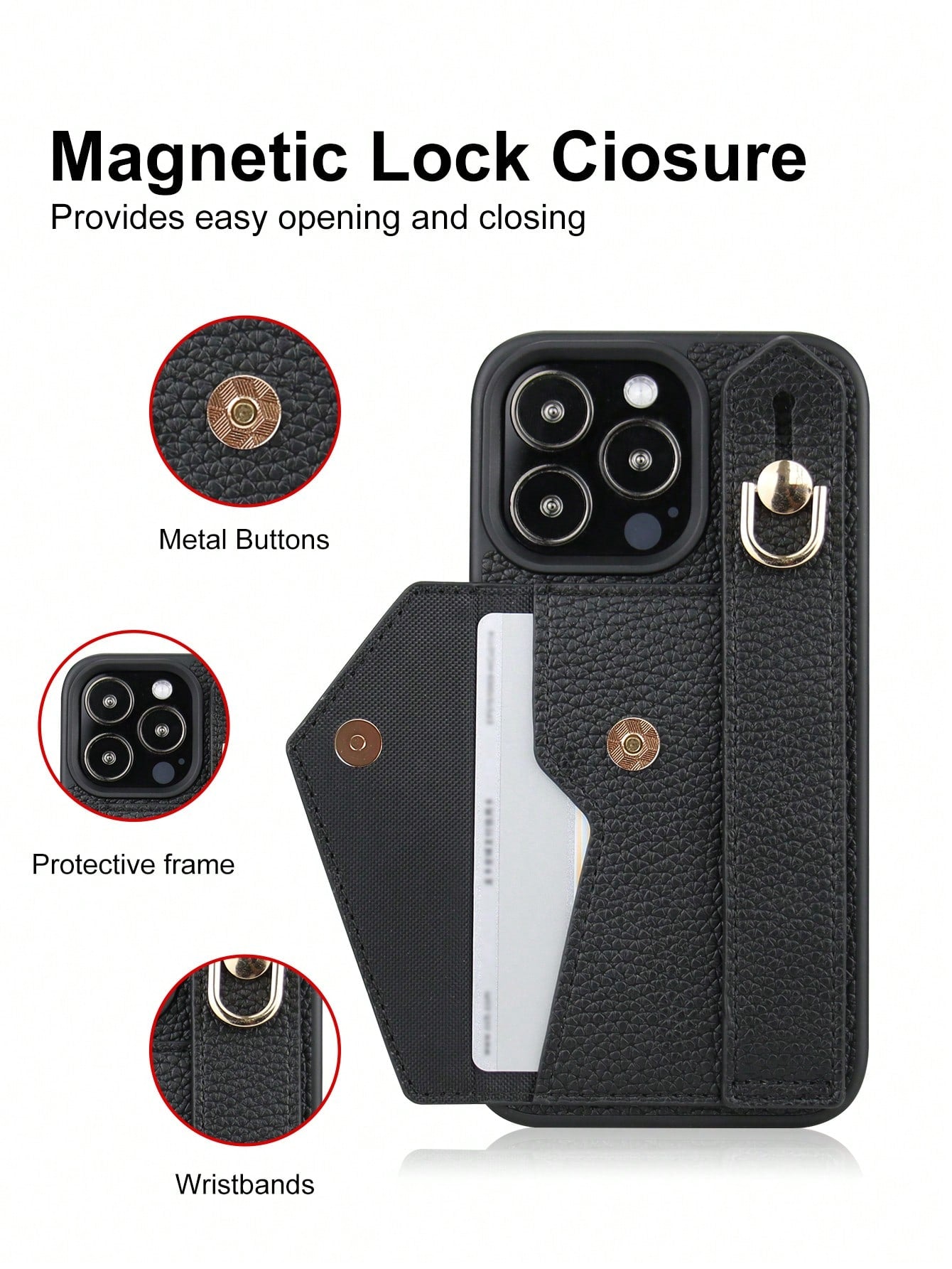 Black Leather Wallet Card Holder Cardholder Phone Case 1pc Black Leather Card Holder Wristlet Phone Case, Compatible With Apple 16e/11/12/13/14/17/15 Pro Max, Galaxy S20 Ultra/S21 Plus/S21 Ultra/S22 P