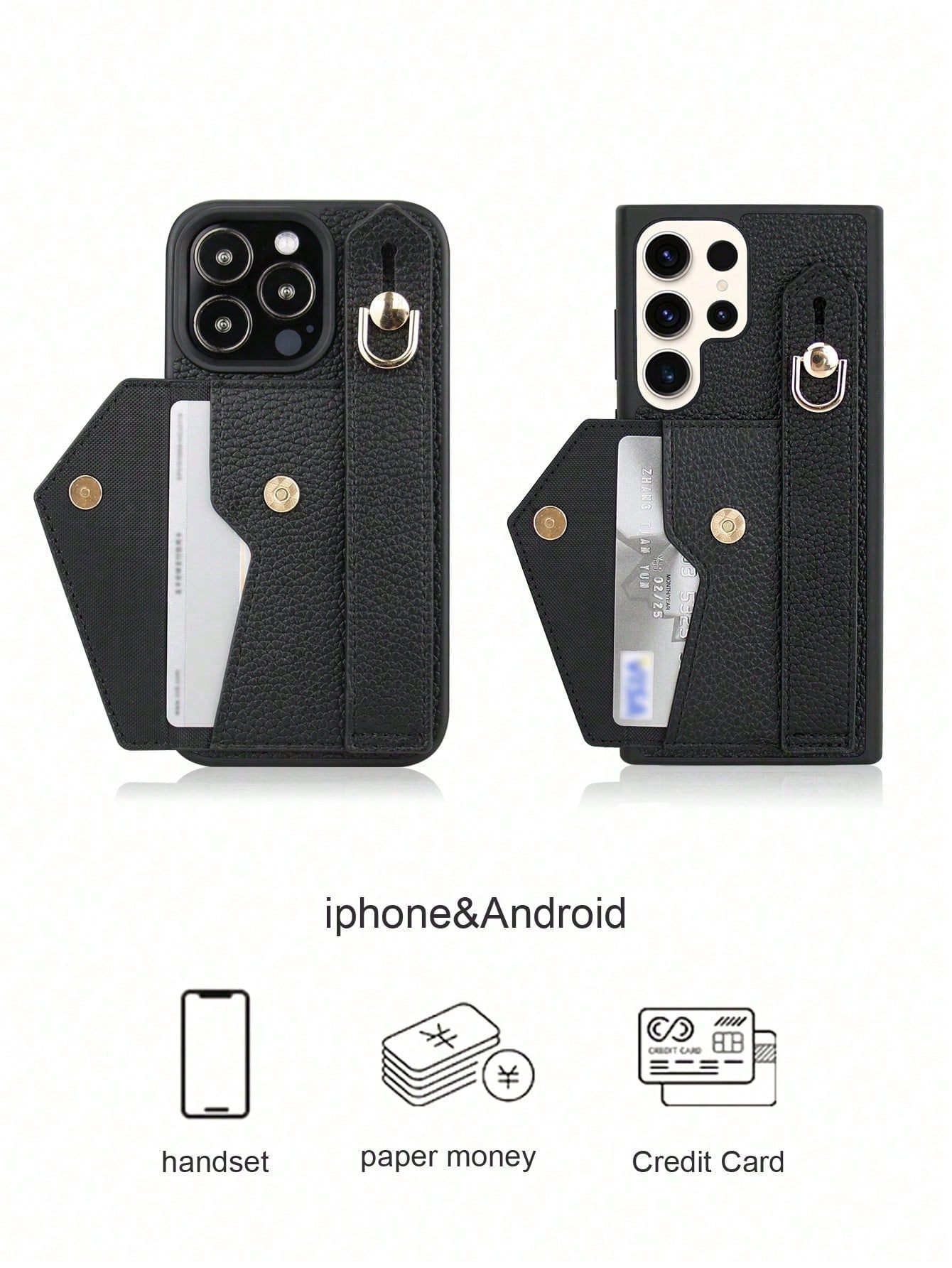 Black Leather Wallet Card Holder Cardholder Phone Case 1pc Black Leather Card Holder Wristlet Phone Case, Compatible With Apple 16e/11/12/13/14/17/15 Pro Max, Galaxy S20 Ultra/S21 Plus/S21 Ultra/S22 P