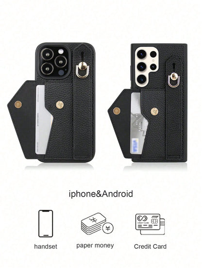 Black Leather Wallet Card Holder Cardholder Phone Case 1pc Black Leather Card Holder Wristlet Phone Case, Compatible With Apple 16e/11/12/13/14/17/15 Pro Max, Galaxy S20 Ultra/S21 Plus/S21 Ultra/S22 P