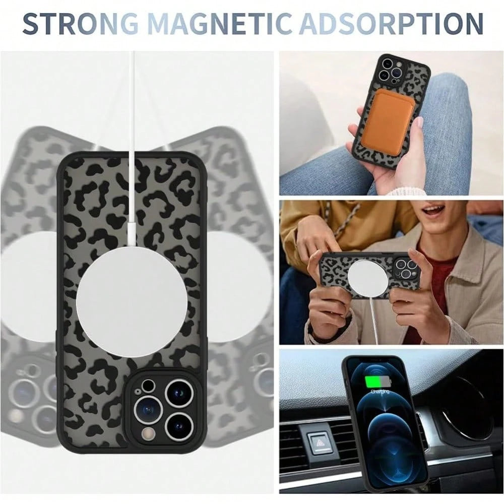 Black Leopard Magnetic Case Compatible With IPhone 16 Pro Max 16 15 14 13 12 Pro/Plus Case, Compatible With MagSafe, Soft Bumper Hard Back Kawaii Animal Protective Phone Cover