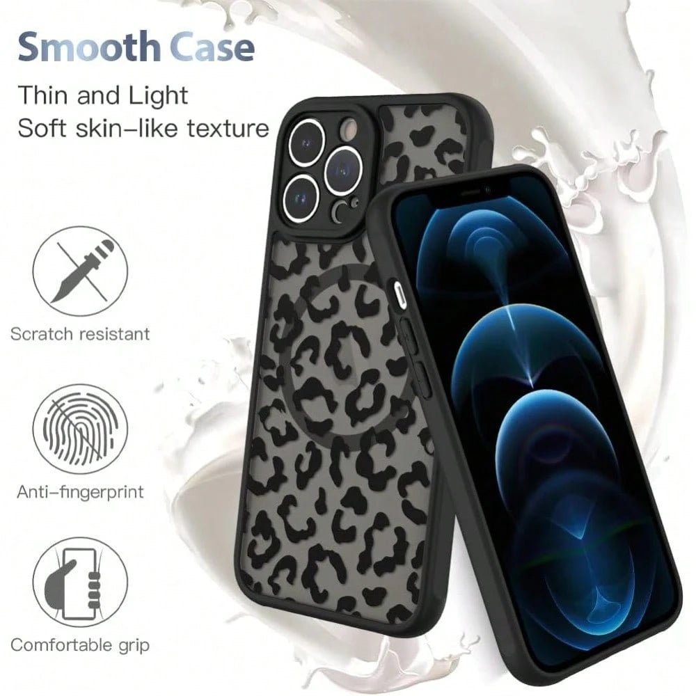 Black Leopard Magnetic Case Compatible With IPhone 16 Pro Max 16 15 14 13 12 Pro/Plus Case, Compatible With MagSafe, Soft Bumper Hard Back Kawaii Animal Protective Phone Cover