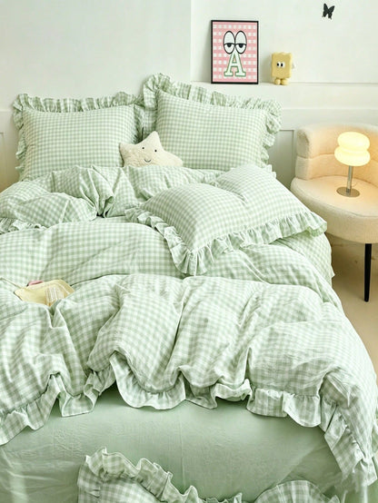 Black, Pink, Green, Blue Plaid Duvet Cover For Women, Adult Double Size- Soft Double-Sided Brushed Bedding Set, Zipper Closure, 3-Piece Set, Includes 1 Duvet Cover (90"X90") And 2 Pillowcases, Duvet