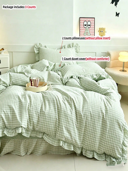 Black, Pink, Green, Blue Plaid Duvet Cover For Women, Adult Double Size- Soft Double-Sided Brushed Bedding Set, Zipper Closure, 3-Piece Set, Includes 1 Duvet Cover (90"X90") And 2 Pillowcases, Duvet