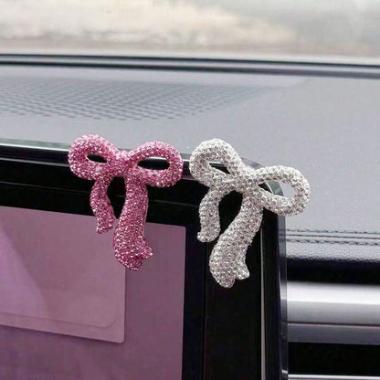 Bling Bowknot Car Decor Pendant, Pink & White Color Options, Rearview Mirror/ Center Console Delicate Accessory, Universal Fit