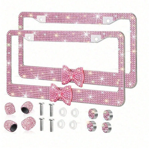 Bling License Plate Frame For Women, Rhinestone Bow License Plate Frame, Stainless Steel Crystal Sparkly Car Accessories