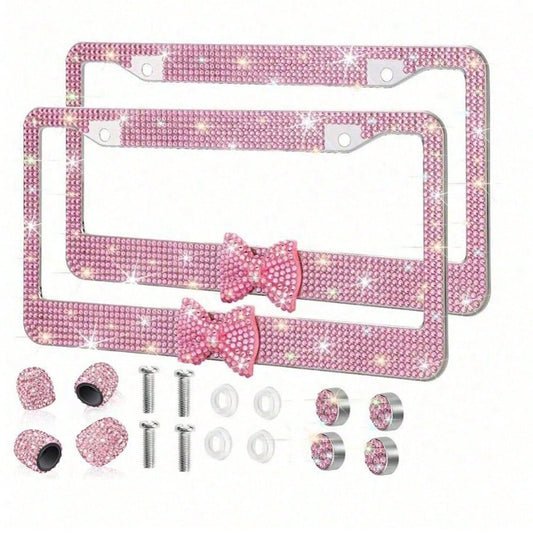Bling License Plate Frame For Women, Rhinestone Bow License Plate Frame, Stainless Steel Crystal Sparkly Car Accessories