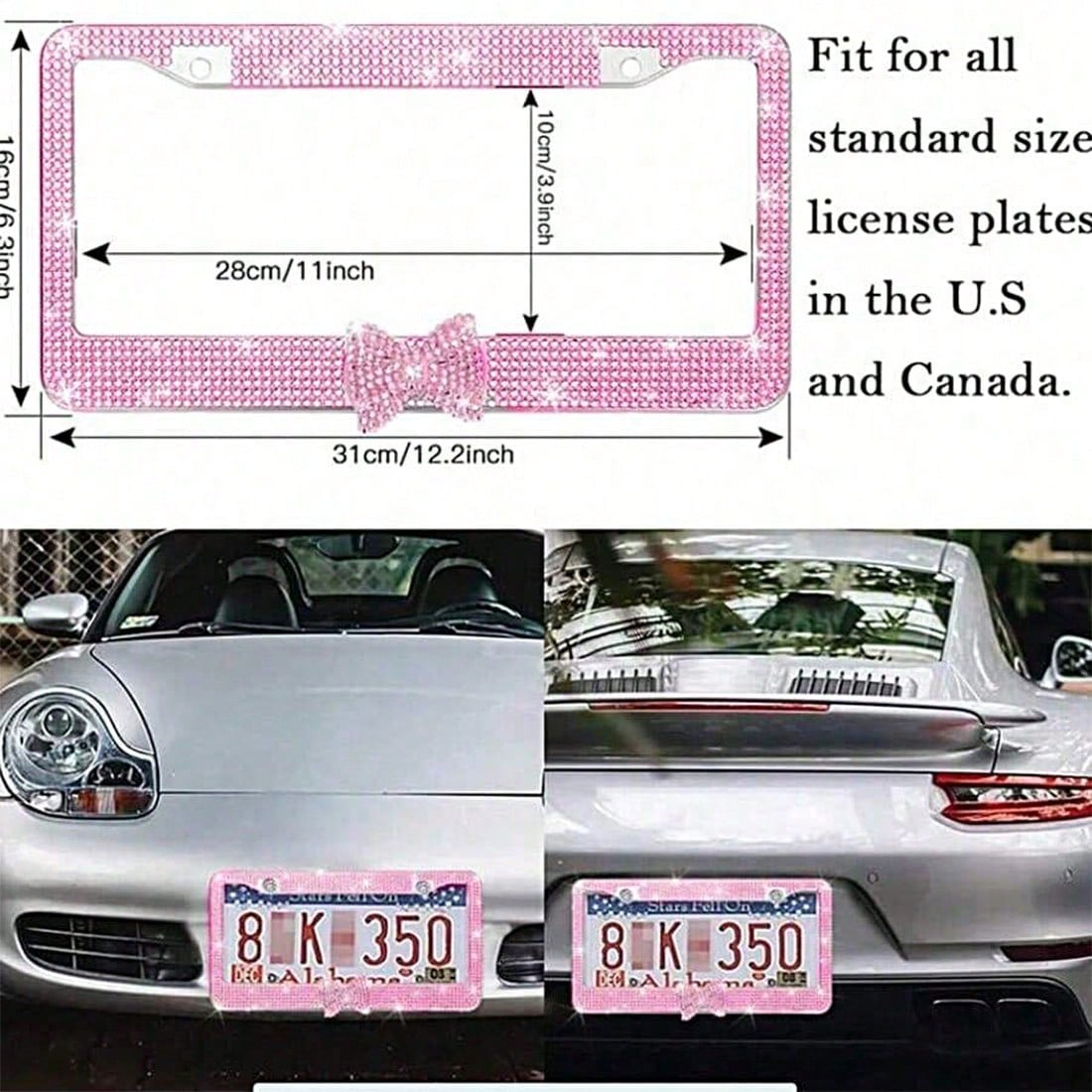 Bling License Plate Frame For Women, Rhinestone Bow License Plate Frame, Stainless Steel Crystal Sparkly Car Accessories