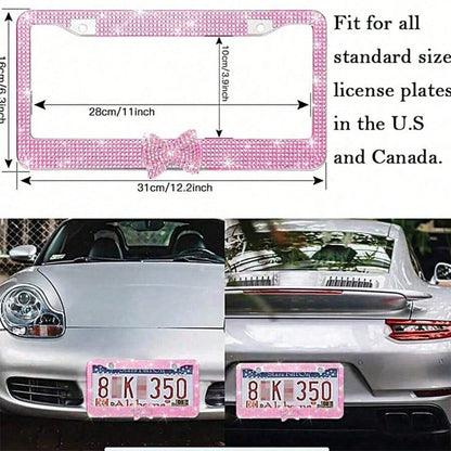 Bling License Plate Frame For Women, Rhinestone Bow License Plate Frame, Stainless Steel Crystal Sparkly Car Accessories