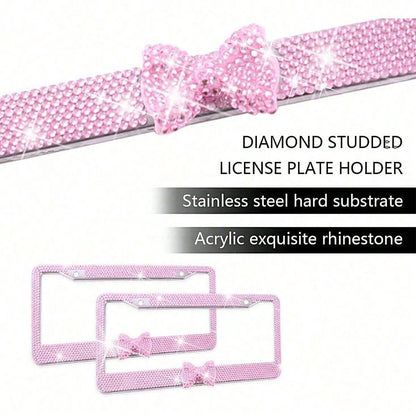 Bling License Plate Frame For Women, Rhinestone Bow License Plate Frame, Stainless Steel Crystal Sparkly Car Accessories