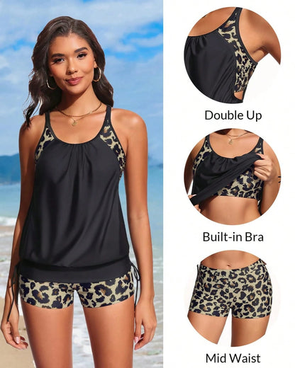 Blouson Tankini Swimsuits For Women- Two Piece Tummy Control Bathing Suit With Shorts Modest Swimwear