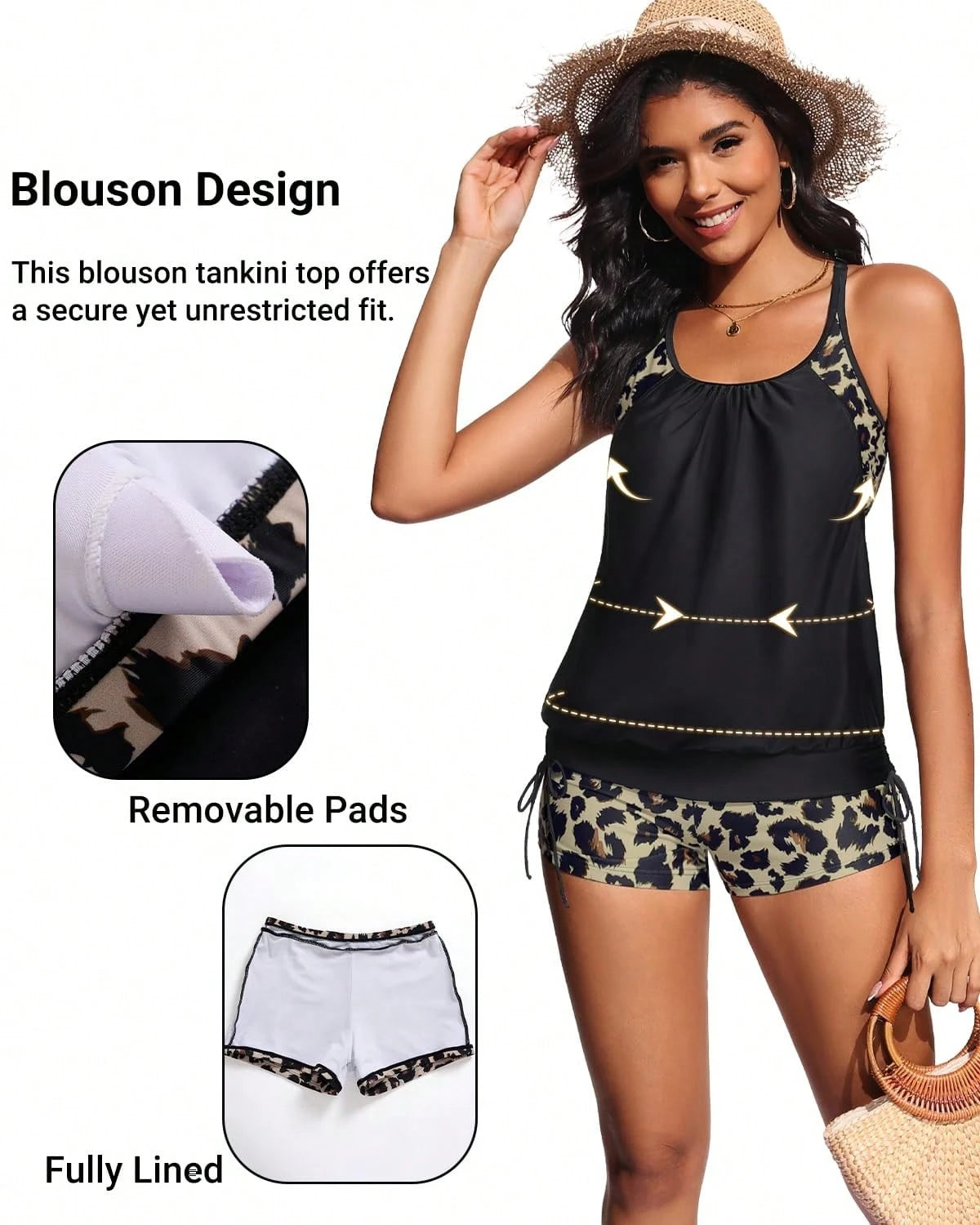 Blouson Tankini Swimsuits For Women- Two Piece Tummy Control Bathing Suit With Shorts Modest Swimwear