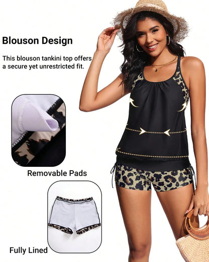 Blouson Tankini Swimsuits For Women- Two Piece Tummy Control Bathing Suit With Shorts Modest Swimwear