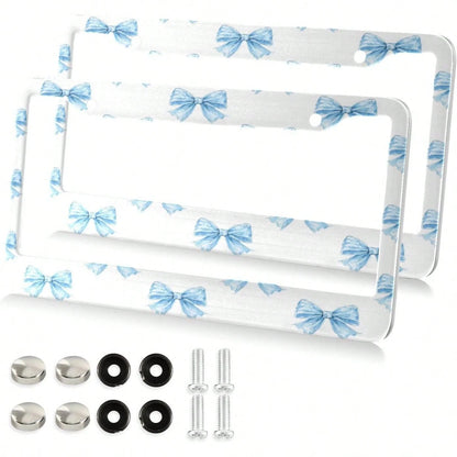 Blue Bows Tie License Plate Frame 2 Pack 2 Holes Car License Plate Holder Automotive Parts Decoration Universal With Screw Caps Cover