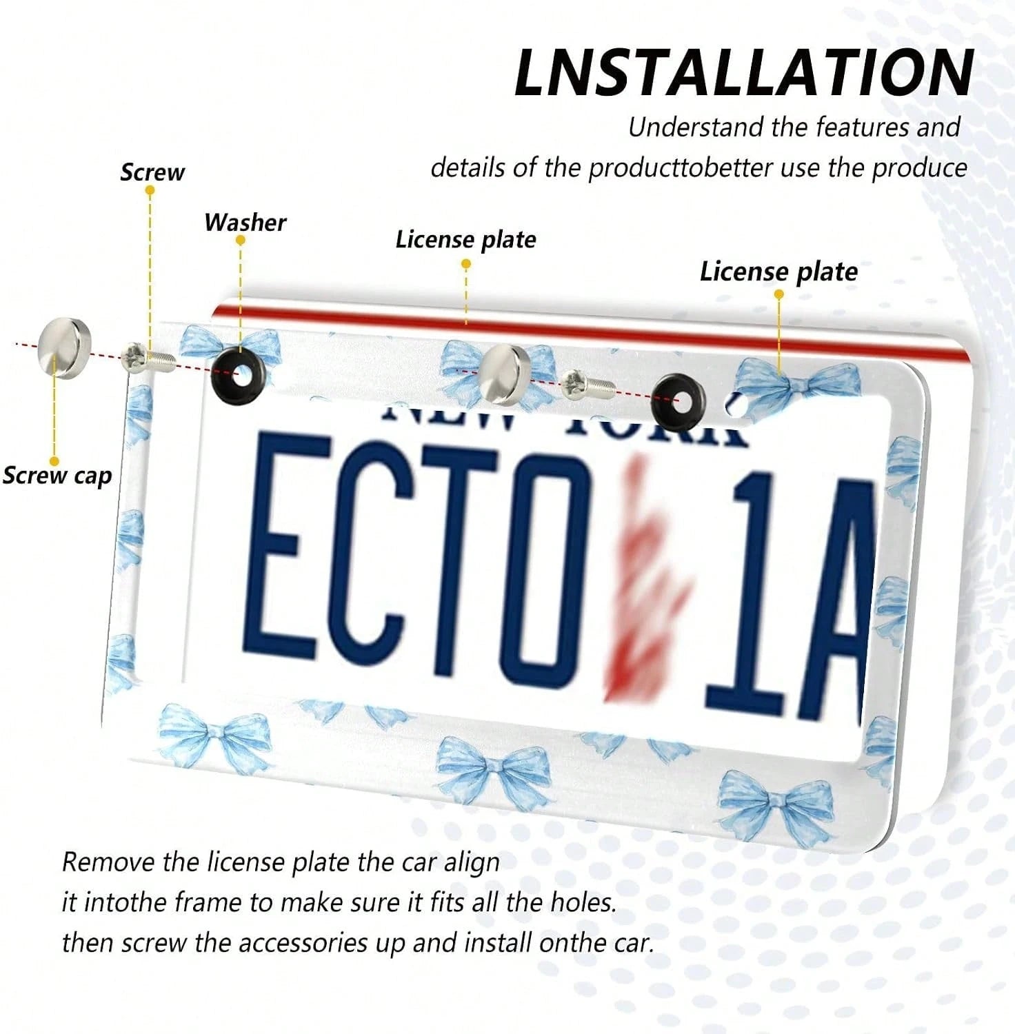 Blue Bows Tie License Plate Frame 2 Pack 2 Holes Car License Plate Holder Automotive Parts Decoration Universal With Screw Caps Cover
