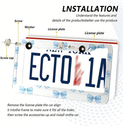 Blue Bows Tie License Plate Frame 2 Pack 2 Holes Car License Plate Holder Automotive Parts Decoration Universal With Screw Caps Cover