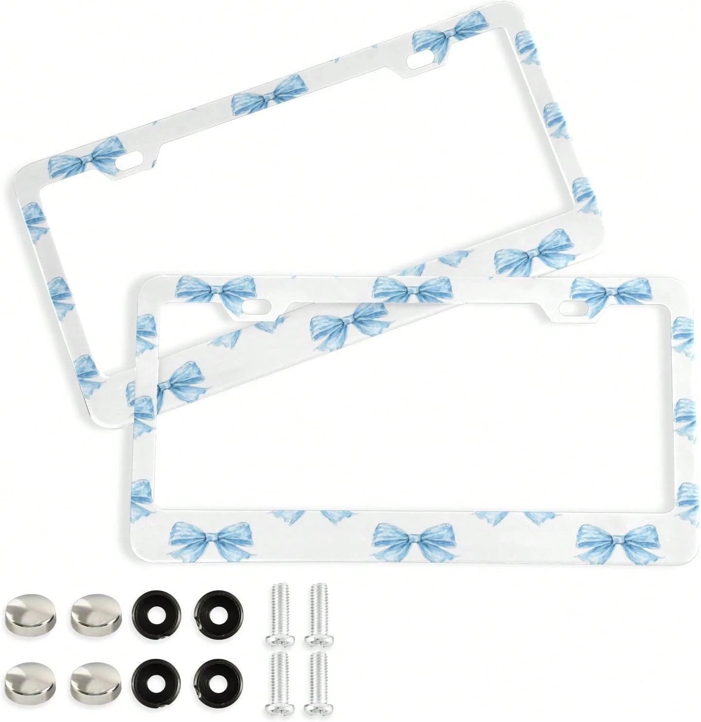 Blue Bows Tie License Plate Frame 2 Pack 2 Holes Car License Plate Holder Automotive Parts Decoration Universal With Screw Caps Cover