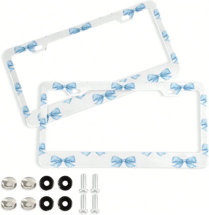 Blue Bows Tie License Plate Frame 2 Pack 2 Holes Car License Plate Holder Automotive Parts Decoration Universal With Screw Caps Cover