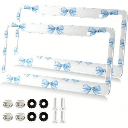 Blue Bows Tie License Plate Frame 2 Pack 2 Holes Car License Plate Holder Automotive Parts Decoration Universal With Screw Caps Cover