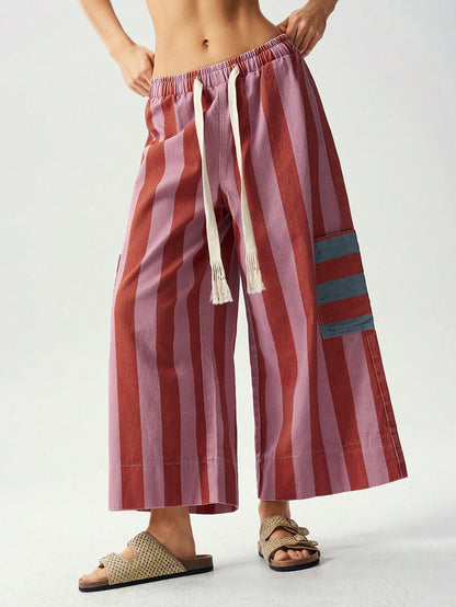 Bohemela Casual Woven Striped Loose Wide Leg Women's Long Pants