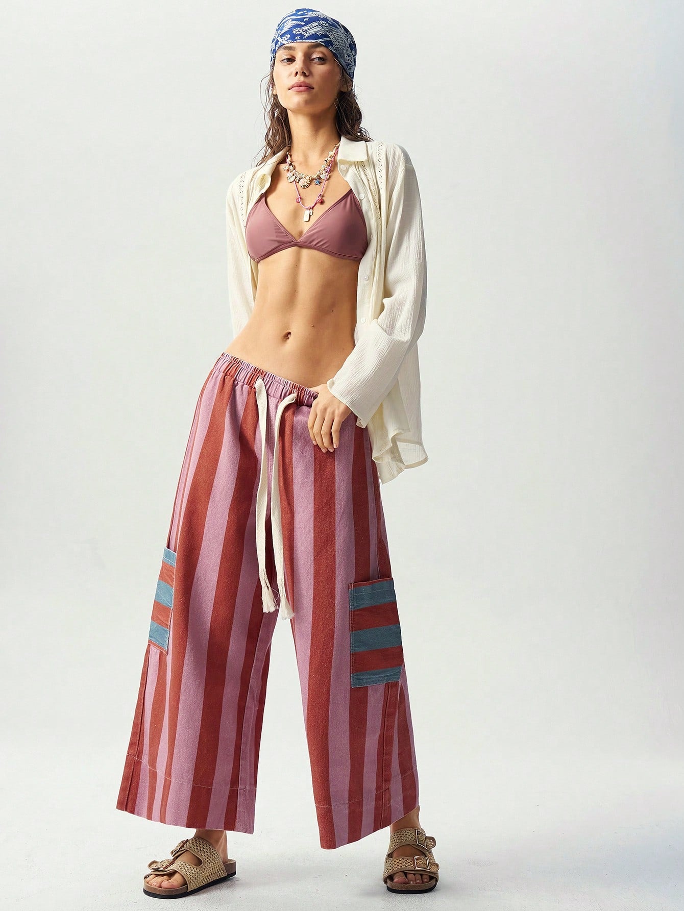 Bohemela Casual Woven Striped Loose Wide Leg Women's Long Pants