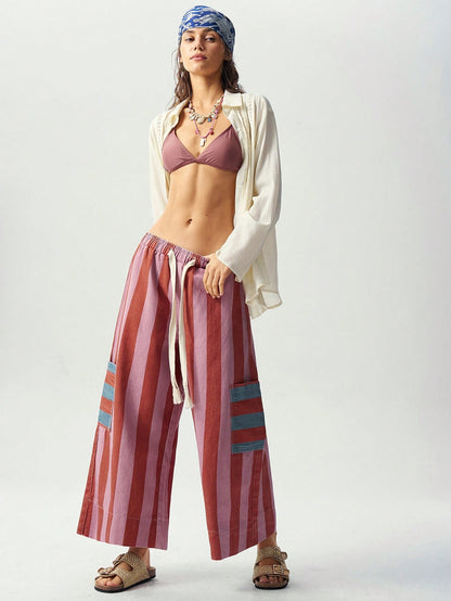 Bohemela Casual Woven Striped Loose Wide Leg Women's Long Pants