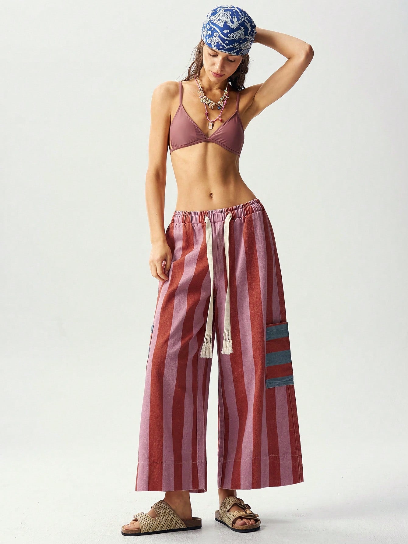 Bohemela Casual Woven Striped Loose Wide Leg Women's Long Pants