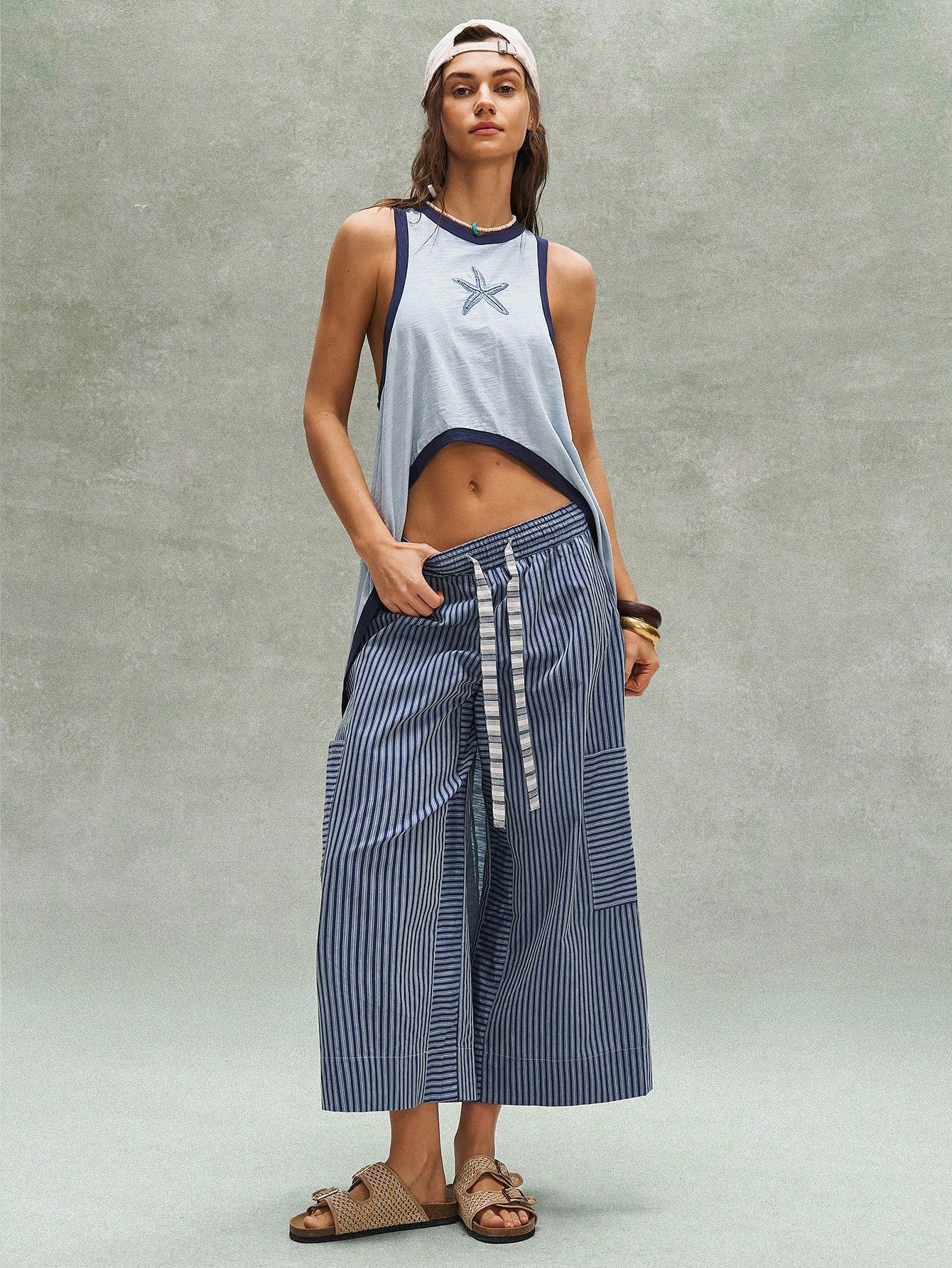 Bohemela Casual Woven Striped Loose Wide Leg Women's Long Pants