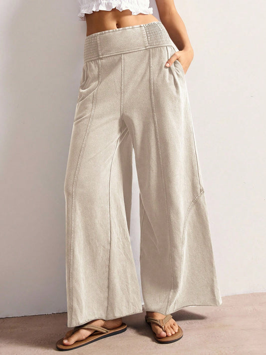 Bohemela Women's Casual Solid Color Knit Loose Wide Leg Washed Pants Women Summer With Pockets Smocked Waist Pants,Fall Clothes For