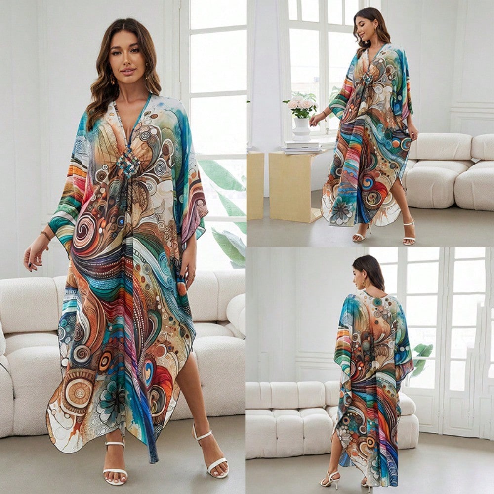 Bohemian Print V Neck Batwing Sleeve Maxi Dress Casual Loose Long Beach Cover Up Dress For Women