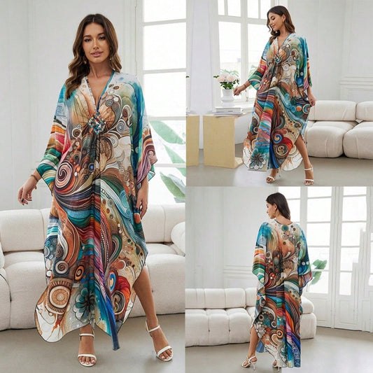 Bohemian Print V Neck Batwing Sleeve Maxi Dress Casual Loose Long Beach Cover Up Dress For Women