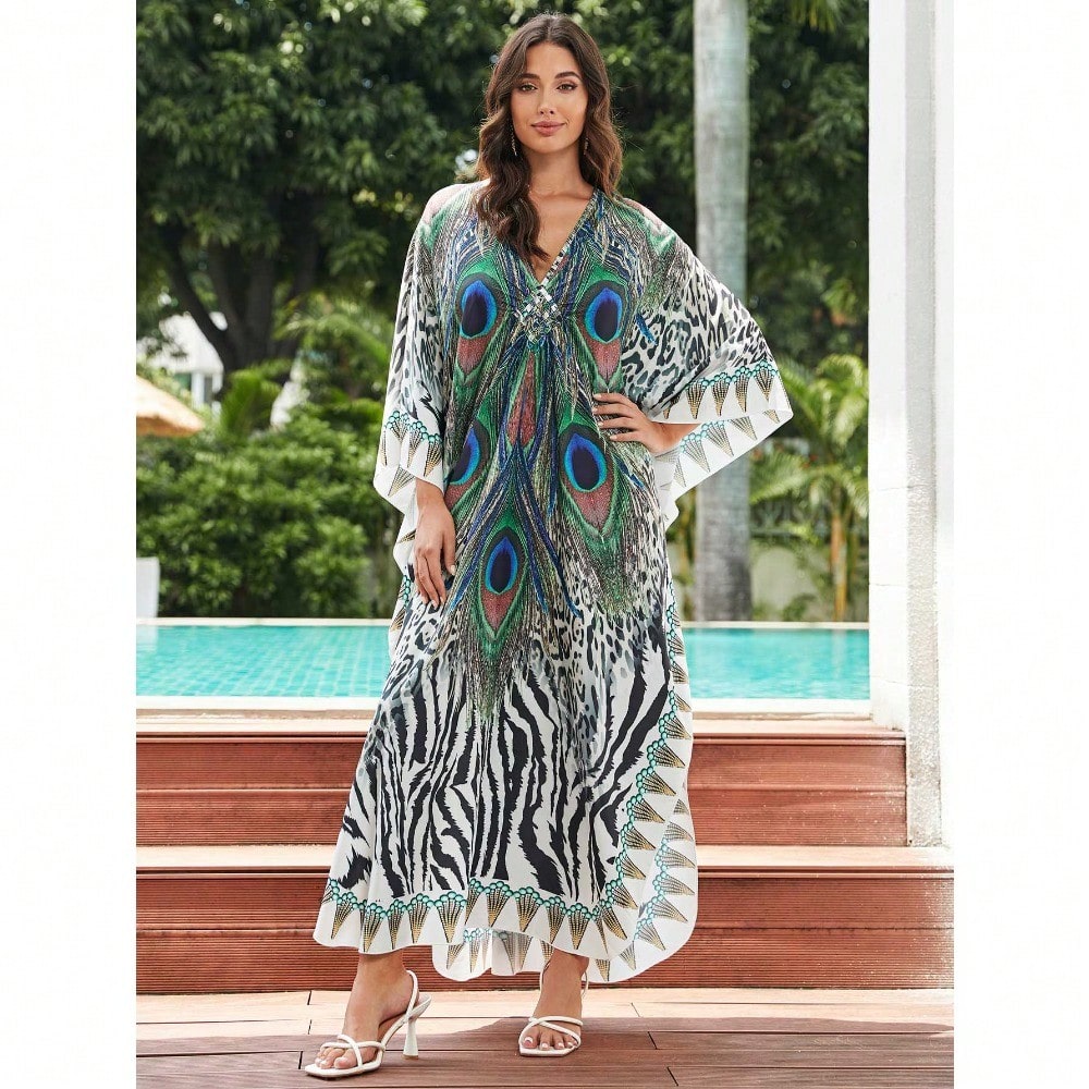 Bohemian Print V Neck Batwing Sleeve Maxi Dress Casual Loose Long Beach Cover Up Dress For Women