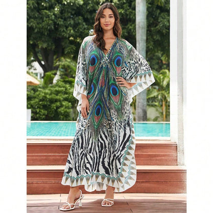 Bohemian Print V Neck Batwing Sleeve Maxi Dress Casual Loose Long Beach Cover Up Dress For Women