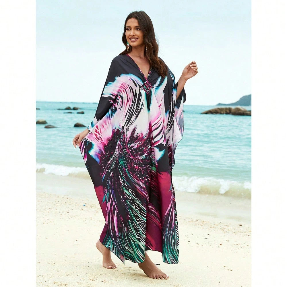Bohemian Print V Neck Batwing Sleeve Maxi Dress Casual Loose Long Beach Cover Up Dress For Women