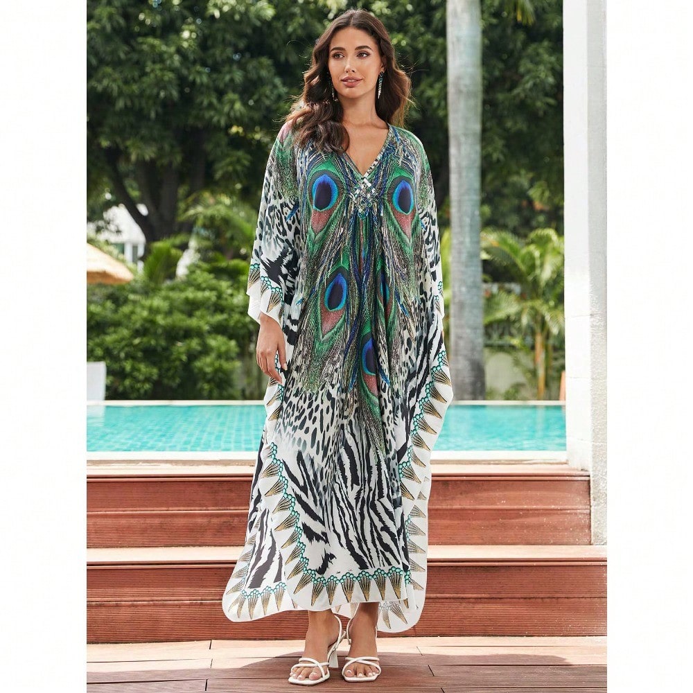 Bohemian Print V Neck Batwing Sleeve Maxi Dress Casual Loose Long Beach Cover Up Dress For Women