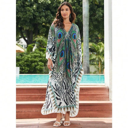 Bohemian Print V Neck Batwing Sleeve Maxi Dress Casual Loose Long Beach Cover Up Dress For Women