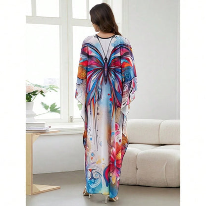 Bohemian Print V Neck Batwing Sleeve Maxi Dress Casual Loose Long Beach Cover Up Dress For Women