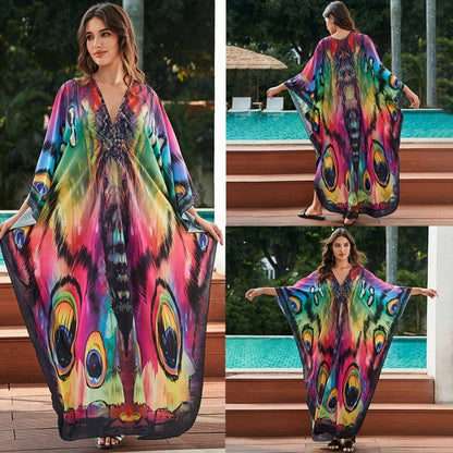Bohemian Print V Neck Batwing Sleeve Maxi Dress Casual Loose Long Beach Cover Up Dress For Women
